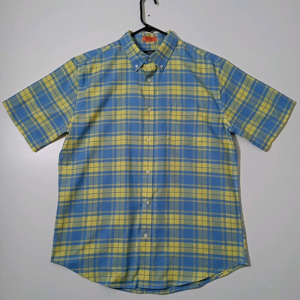 St John's Bay Men’s Yellow Blue Plaid Stretch Button Down Shirt - L